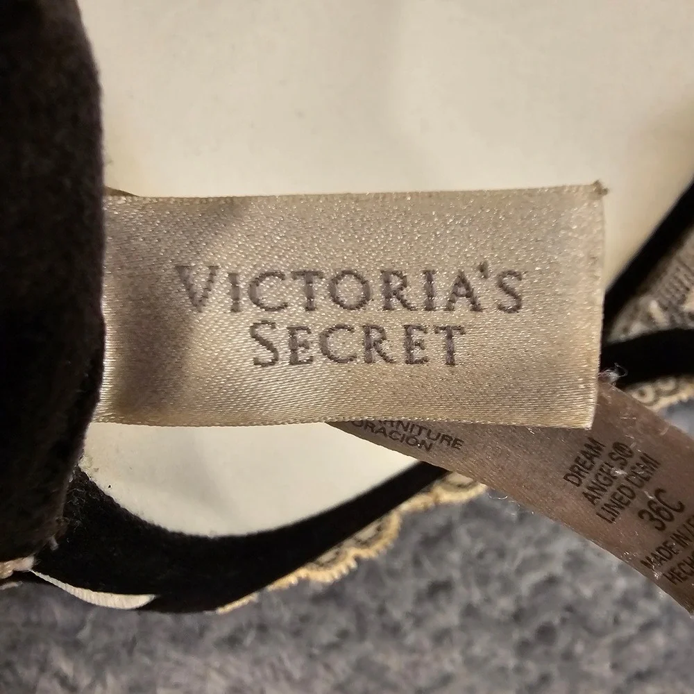 Victorias‎ Secret Dream Angels Lined Demi Bra 36C Cream Black Lace Rhinestone